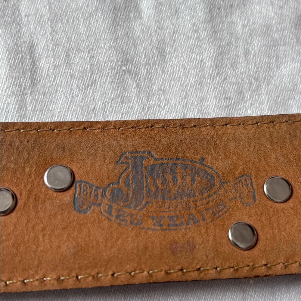 Justin Boots Brown Tooled Leather Belt Bronze Tone Rhinestone Heart Buckle 32 - Picture 7 of 11